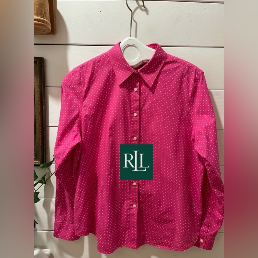LAUREN RALPH LAUREN  pink & white polka dots button down shirt size XL